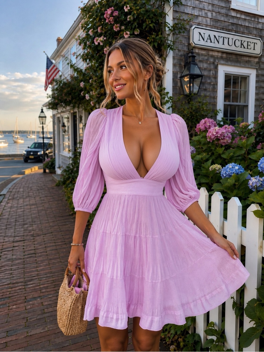 Zimmermann Lavender V-Neck Tiered Puff-Sleeve Dress size 0